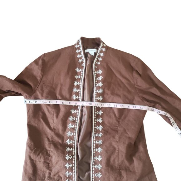 Dressbarn Brown Open Blazer Embroidered Womens Size 8 Linen Blend Casual Boho - Picture 7 of 7